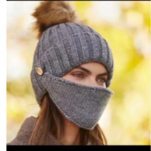 Anthropologie Grey Pom Beanie With Face Mask - Picture 2 of 5
